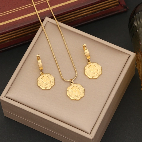 Vintage Gold Color Stainless Steel Jewelry Set Rose Flower Coin Pendant Necklace And Earrings Personalized Style For Women