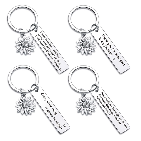 Stainless Steel Sunflower Inspirational Keychain Friendship Gift Best Friend Sister Quote Engraved Pendant Rectangle Tag Keychain Jewelry