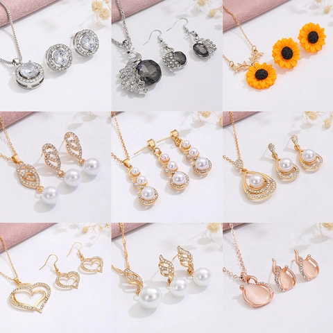 Mode Legierung Zirkonia Künstliche Perle Blume Wassertropfen Herz Anhänger Halskette Ohrringe Duo Damen Schmuck Geschenk