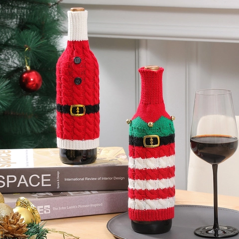 Acrylic Christmas Wine Bottle Covers Knitted Santa Elf Striped Decoration With Belt Buckle Bells Holiday Party Dining Table