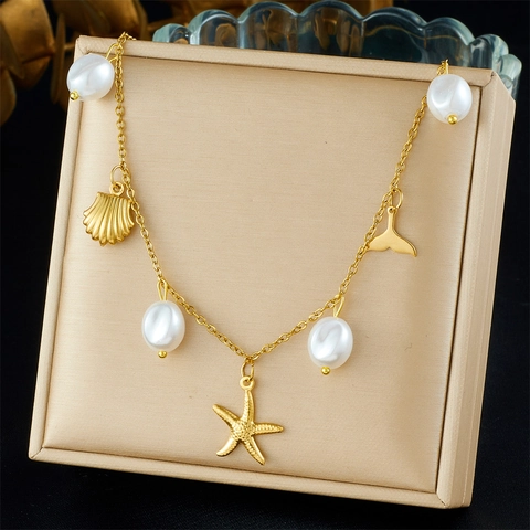 Collar De Acero Inoxidable Chapado En Oro Con Perlas Artificiales De Imitación Colgantes Estrella De Mar Concha Cola De Ballena