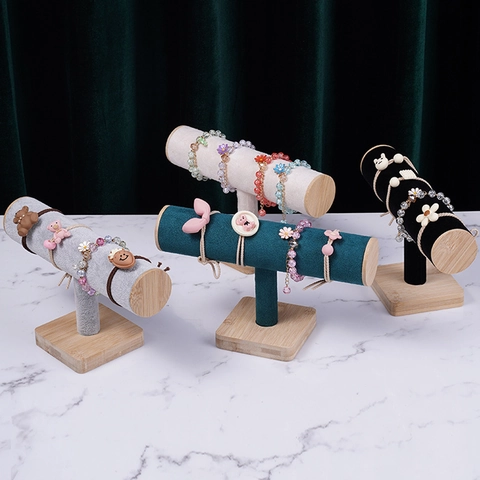 T-Bar Jewelry Display Stand Holder With Bamboo Wood Base Velvet PU Leather For Bracelet Watch Hair Scrunchie Organizer