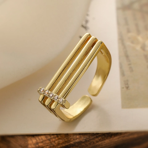 Geometric Open Ring Copper 18K Gold Plated Zircon Multi Layer Adjustable Minimalist Jewelry For Women