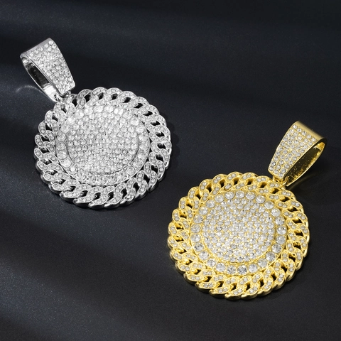 Pendente Rotondo Hip Hop Iced Out Lega Di Zinco Strass Gioielli Streetwear Bling Per Uomini