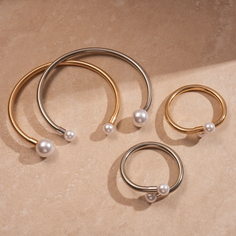 Minimalist Alloy Imitation Artificial Pearl Open Torque Choker And Bracelet Spiral Metal Geometric Jewelry For Women