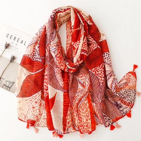 Women Long Scarf Voile Polyester Tropical Leaf Print Sun Protection Tassel Shawl Vacation Style Lightweight Breathable Soft