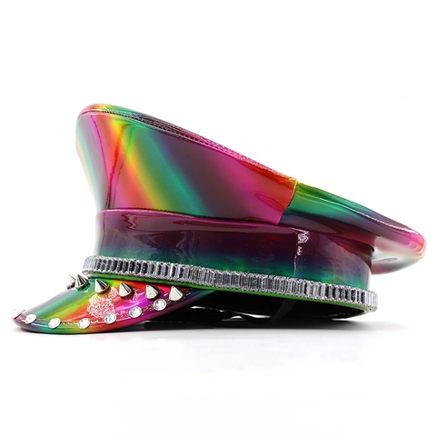 Cappello Militare In Pelle PU Olografica Arcobaleno Con Borchie Argentate E Strass Cappello Da Capitano Scintillante Party