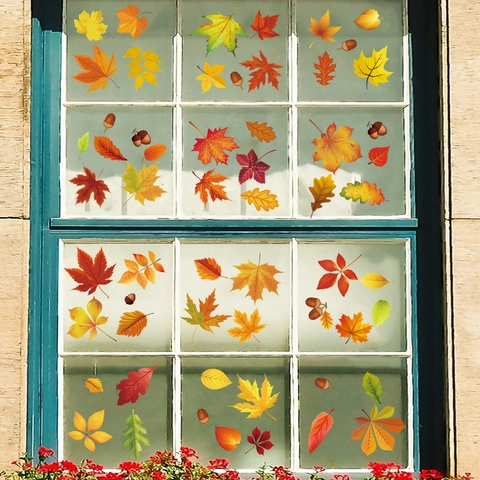 Autumn Maple Leaf Window Clings Static PVC Double Sided Thanksgiving Decoration Waterproof Falling Leaves Acorn Decals
