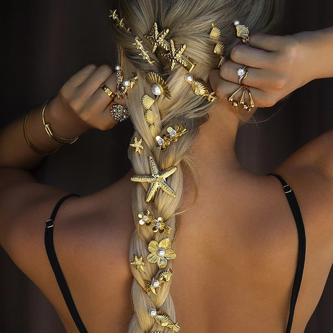 Ocean Starfish Shell Hair Clips Gold Alloy Faux Artificial Pearl Rhinestone Bobby Pins Combs Boho Wedding Bridal Accessories For Women
