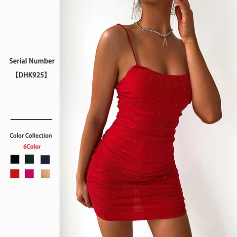 Vestito Mini Sexy Da Donna Con Spalline Sottili Luccicante Arricciato Schiena Scoperta Aderente Festa