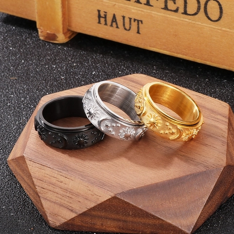 Sun Moon Star Stainless Steel Spinner Ring For Men Relief Pattern Rotatable Anxiety Stress Relief Jewelry Punk Style