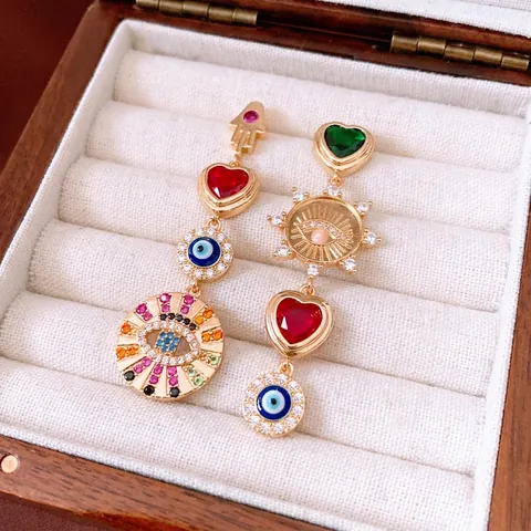 Asymmetrische Hängeohrringe Kupfer Mit 925 Sterling Silber Ohrstecker Zirkonia Böser Blick Hamsa Hand Herz Vintage