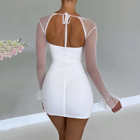 Dames Geplooide Mini Jurk Met Lange Mesh Mouwen Rugloos Hartvormige Hals Nauwsluitend Sexy
