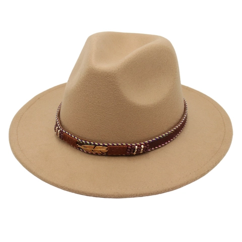 Fedora Hat Wool Felt Wide Brim Ethnic Beaded Band Metal Feather Vintage Jazz Party Unisex Classic Flat Brim Fedora