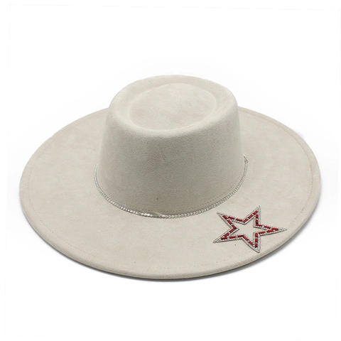 Fedora Hoed Suede Platte Kroon Brede Rand Met Strass Ster En Ketting Decoratie Western Cowboy Jazz Stijl