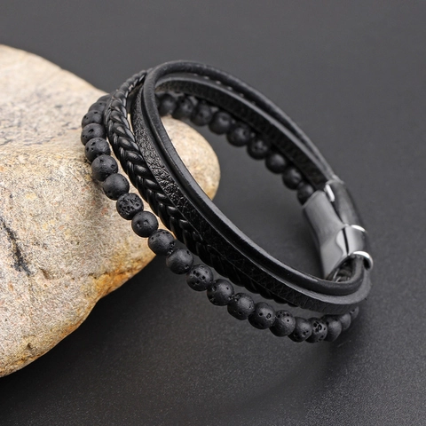 Men Multi Layer Bracelet Handmade Woven Leather Stainless Steel Magnetic Buckle Volcanic Lava Stone Retro Punk Jewelry