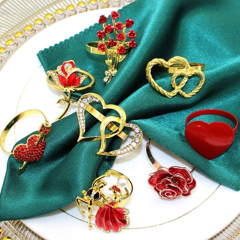 Ronds De Serviette Métal Rose Cœur Amour Strass Émail Mariage Saint Valentin Décorations De Table Support Décoratif