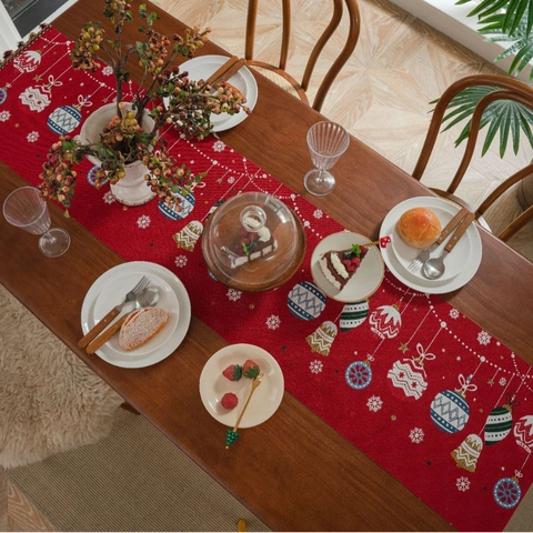 Weihnachts Tischläufer Jacquard Polyester Festliche Dekoration Für Esstisch Mit Quasten Weihnachtsmann Muster