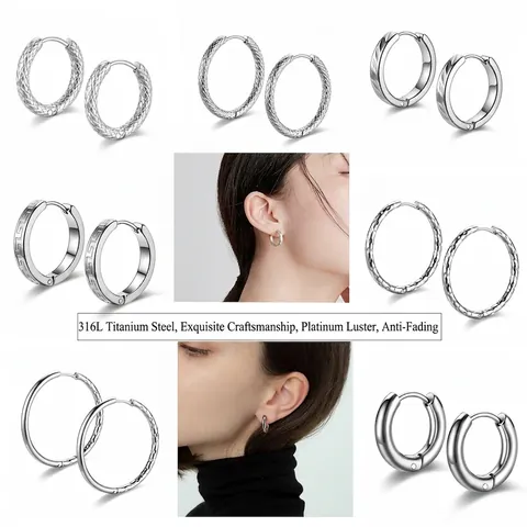 Titanium Stalen Hoop Oorbellen 316L Roestvrij Staal Niet Vervagend Geometrisch Grieks Meanderpatroon Gehamerd Minimalistische Sieraden