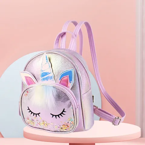 Kids Backpack Unicorn Cartoon Iridescent PU Leather Sequins Plush Ball Fashion Girls Travel Toddler