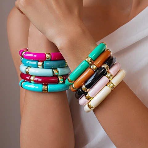 Mode Acryl Rohr Armband Gold Legierung Abstandsperlen Bunte Harz Bambus Gelenk Elastische Armreif Für Damen