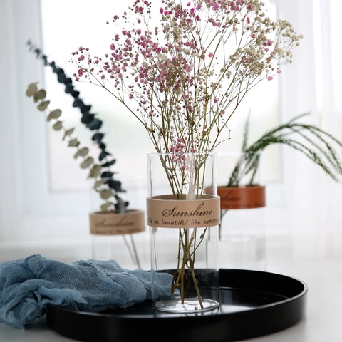 Nordic Glass Vase Transparent Cylindrical Flower Pot With Leather Strap And Metal Rivet For Home Office Desktop Decor