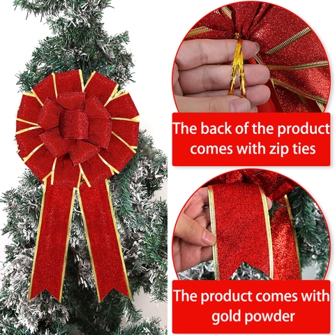Large Christmas Decorative Bows Glitter Mesh Ribbon Flowers For Christmas Tree Hanging Ornaments Party Decor Props