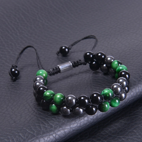 Bracelet En Perles De Pierre Naturelle Œil De Tigre Obsidienne Hématite Fait Main Tressé Ajustable Protection Guérison
