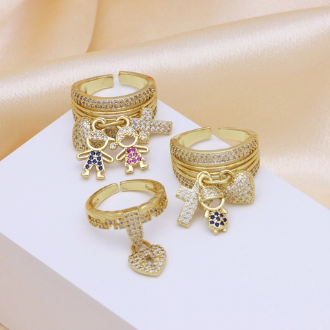 Luxus Kupfer Zirkonia Offener Ring Für Damen Verstellbar Kreuz Herz Junge Mädchen Charm Vergoldet Mode Schmuck Fingerring