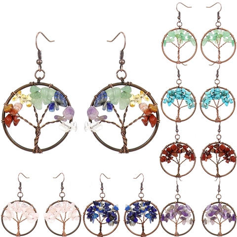 Levensboom Druppel Oorbellen Handgemaakt Draad Omwikkeld Legering Natuursteen Chips Vintage Bohemien Sieraden Voor Vrouwen
