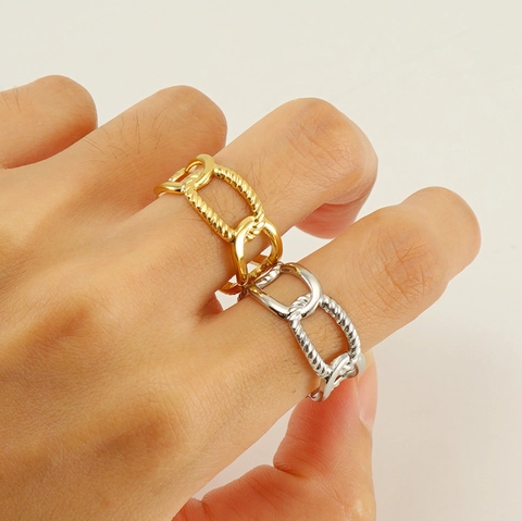 Geometric Hollow Chain Ring Stainless Steel 18K Gold Plated Rope Texture Adjustable Open Band Jewelry For Women