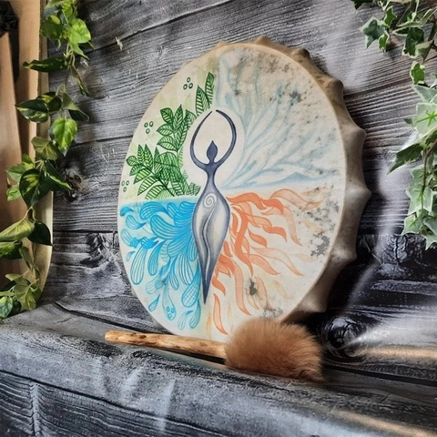 Shaman Drum Goddess Gaia Design Plywood Frame Faux Sheepskin Hand Drum Spiritual Decor Musical Instrument With Drumstick