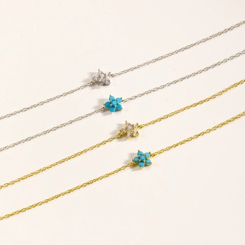 Pulsera de Flores de Plata de Ley 925 Para Mujer Brillante Circonia Turquesa Cadena Minimalista Ajustable Joyería de Moda Regalo Floral Dulce