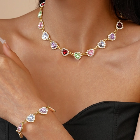 Gioielli In Cristallo Colorato A Forma Di Cuore Lega Strass Collana E Bracciale Dorati Per Donne Stile Vintage