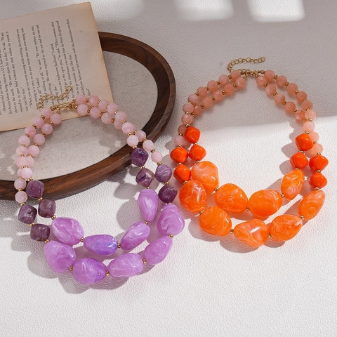 Layered Beaded Necklace Acrylic Resin Alloy Irregular Marble Texture Retro Exaggerated Sweater Chain Bohemian For Women