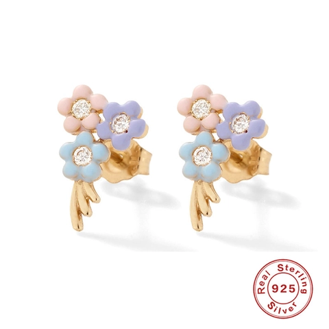 925 Sterling Silver Colorful Enamel Flower Stud Earrings For Women Rhinestone Petal Fashion Ear Jewelry Accessory Gift