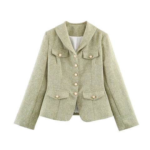 Chaqueta Blazer De Tweed Para Mujer Manga Larga Cuello Solapa Botones De Perlas Artificiales Estilo Vintage Elegante