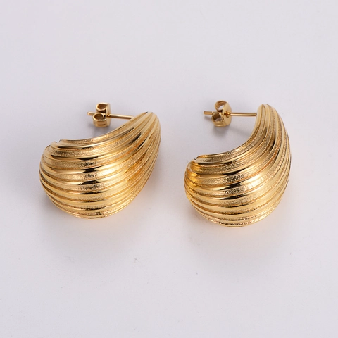 Water Drop Stud Earrings Textured Shell Pattern Gold Plated Stainless Steel Vintage Jewelry For Women