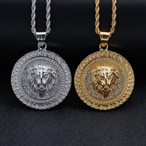 Lion Head Pendant Necklace Stainless Steel Rhinestone Flame Pattern Hip Hop Medallion Fashion Jewelry For Men Women