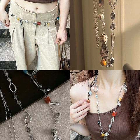 Bohemian Ethnic Retro Long Necklace Alloy Ceramic Stone Beaded Pendant Sweater Chain Jewelry For Women