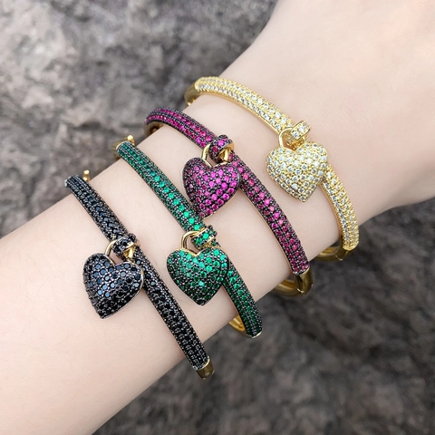 Heart Pendant Bangle Bracelet Copper Micro Pave Cubic Zirconia Luxury Elegant Open Cuff For Women