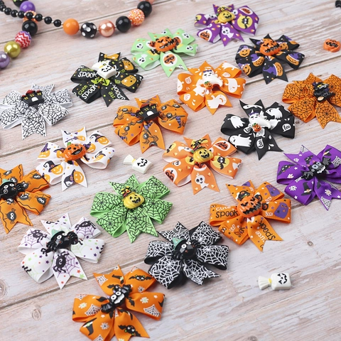 Halloween Kinderen Strik Haarclip Pompoen Geest Spin Patroon Grosgrain Lint Barrettes Voor Peuter Meisjes Festival