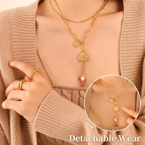Double Layered Necklace Titanium Steel 18K Gold Plated Freshwater Pearl Portrait Coin Heart Pendant Retro Vintage Women