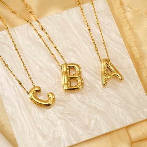 Collier Pendentif Lettre Initiale Plaqué Or 18K Acier Titane Style Ballon 3D Chaîne À Billes Pour Femmes Hommes