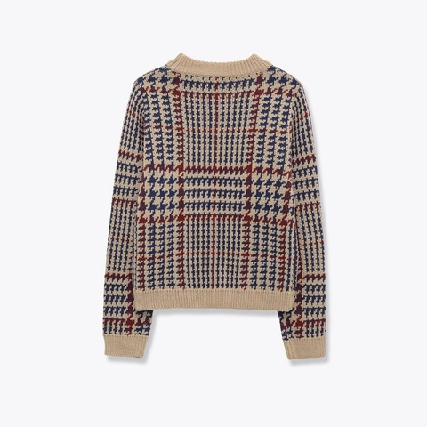 Women Vintage Houndstooth Knitted Sweater Crew Neck Long Sleeve Plaid Pullover Casual Fashion Mixed Yarn