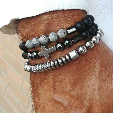 Cross Pendant Stone Beaded Bracelet Obsidian Marble Metal Elastic Cord Vintage Retro Jewelry For Men
