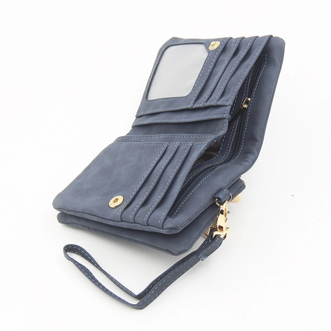 Women Short Wallet PU Leather Double Zipper Coin Purse With Wristlet Strap Vintage Matte Litchi Pattern Card Holder
