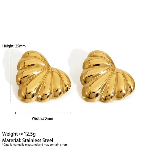 Heart Stud Earrings Stainless Steel PVD Gold Plated Ridged Shell Texture Minimalist Waterproof Hypoallergenic Jewelry Women