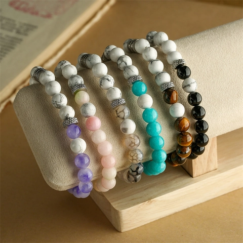 Natural Stone Beaded Bracelet With Metal Spacer Bohemian Vintage Elastic Yoga Jewelry For Women Men