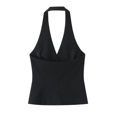 Halter Neck V Neck Vest And High Waist Shorts Chic Polyester Double Breasted Streetwear Sleeveless Plain Black